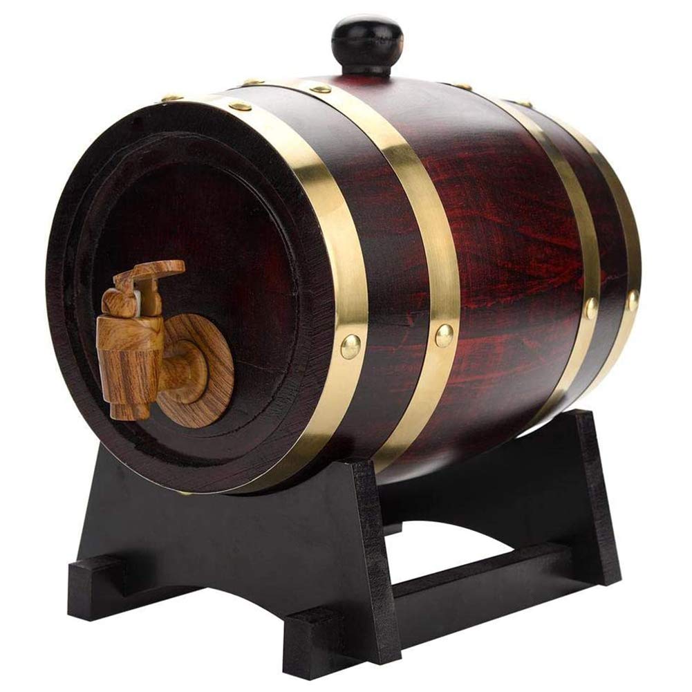 Barril de roble hecho a mano de 1,5 l con soporte y grifo de madera para envejecer whisky, ron, oporto y vino