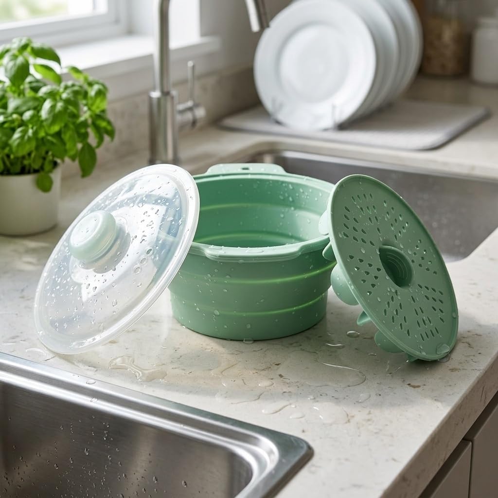 Silicone Vegetable Steamer 42oz, Collapsible Microwave with Steam Tray