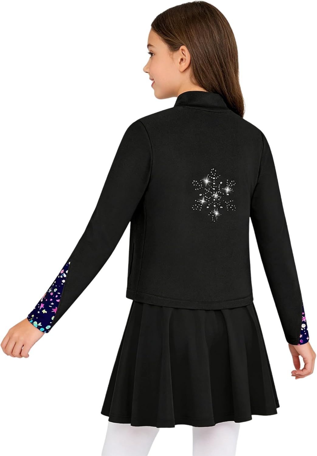 dPois Girls Ice Skating Training Suit Long Sleeve Zip Up Jacket with Crop Top & High Waist Pleated Skirt Set Black 14 Years