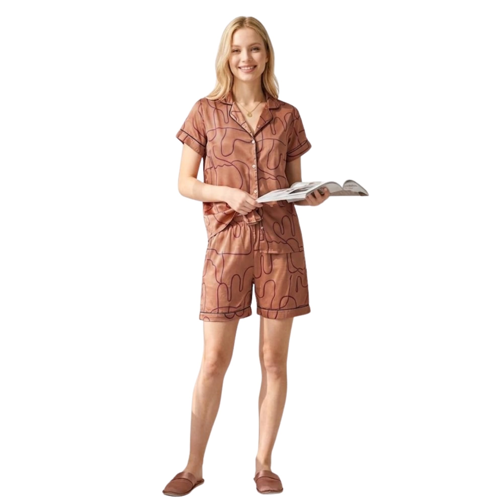 Women’s Satin Night Suit Set Printed | Short Sleeve Button Down Shirt & Shorts Co-Ord Set Sleepwear | Comfortable Nightwear Loungewear for Women Stylish Home Wear | Dark Brown | Size M-XL-image-28