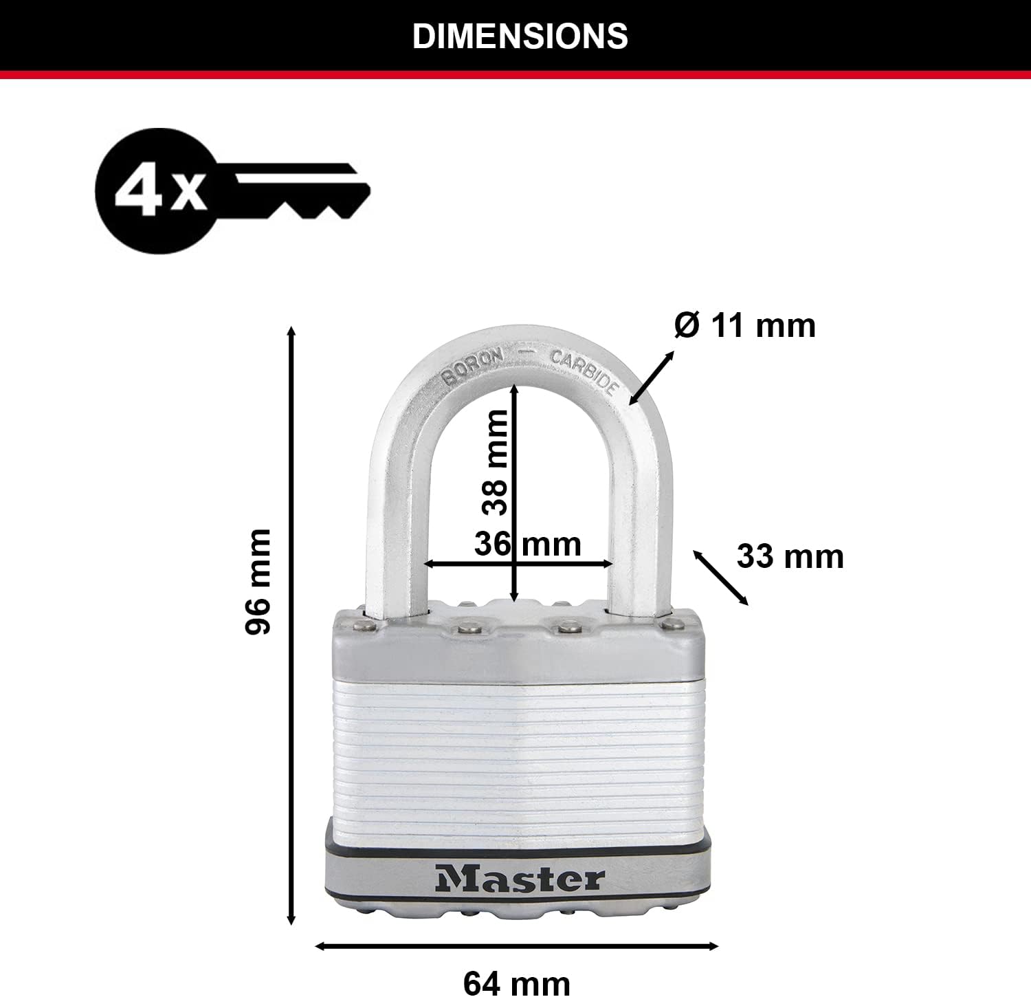 MASTER LOCK Heavy Duty Padlock, Security Level 10/10, Outdoor, Keyed, Laminated Steel, Weatherproof, Medium Shackle