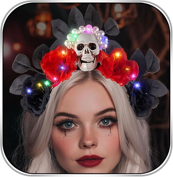 Skull Headband Crown Light Up Halloween Flower Headbands Gothic Day of the Dead Rose Hairband for Women
