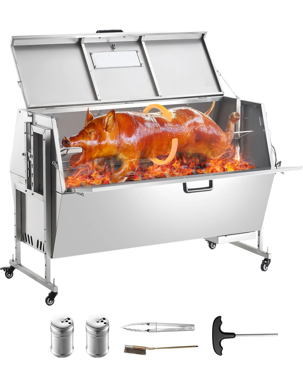 Happybuy 60W Rotisserie Grill with Hooded Cover, 56-Inch Rotisserie Grill Roaster for Pig, Lamb and Goat, 286Lbs Capacity, Stainless Steel Charcoal Spit Roaster with Lockable Wheels