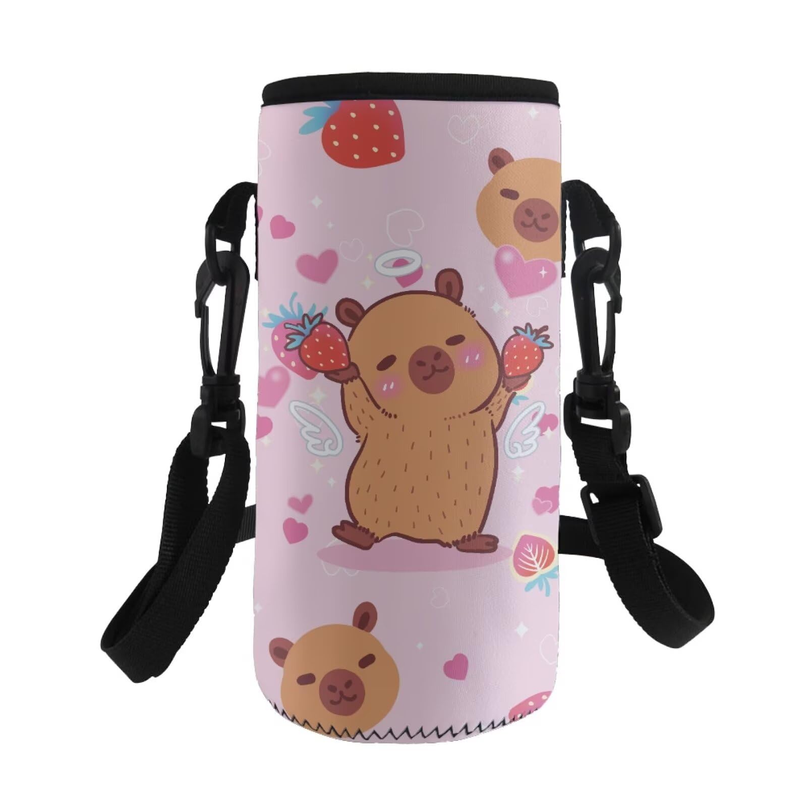 COEQINE Capybara Strawberry Pink Water Bottle for Kids Girls 7 Years Old Carrier Bag Holder Pouch Neoprene Insulated with Sunset Adult Adjustable Shoulder Strap,for Hiking Travel Outdoor โ image 1