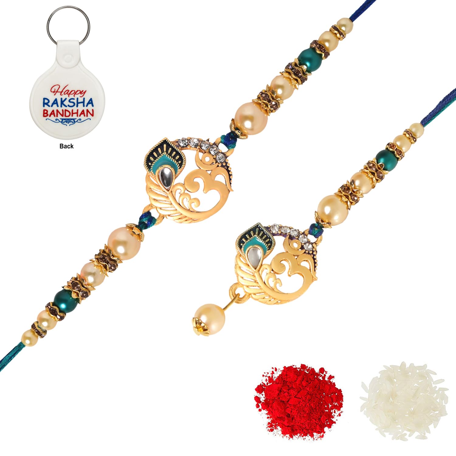 Riddhika Ventures Glorious Gold Plated Om Bhaiya Bhabhi Rakhi Set with Roli Chawal, Greeting Card and and One Motivational Keychain (B3B3K)