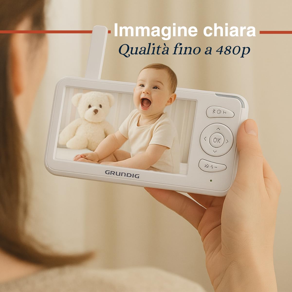 Grundig Baby Monitor con Telecamera - Baby Monitor Video e Audio con Schermo 5 Pollici - Visione Notturna e Audio Bidirezionale - Controllo Temperatura - Zoom Pan Tilt - Bianco