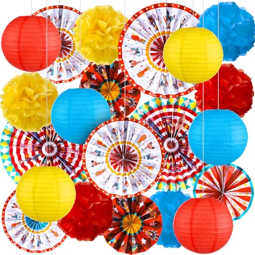 Outus 21 Pcs Carnival Party Decorations with Circus Hanging Paper Lanterns Fans Red Yellow Blue Paper Pom Poms Tissue Flowers for Carnival Circus Birthday Baby Shower Party Favors Supplies