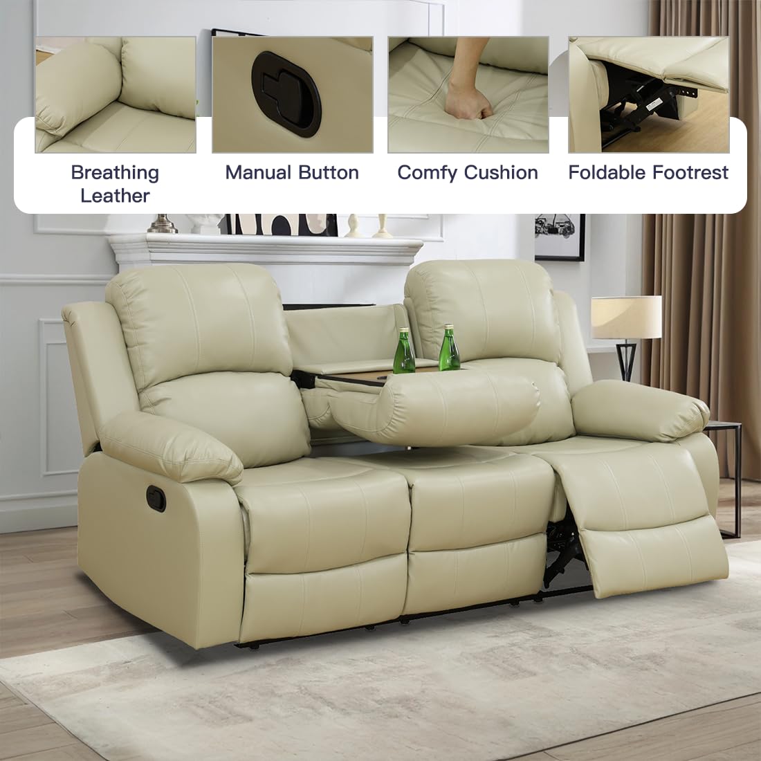 Toseslo Living Room Furniture Set, Manual Reclining Sofa Set, Beige Leather Recliner Couch Sets with Drop-Down Table, Recliner Sofa with Storage Console/Cup Holder for Living Room/Apartment view 4
