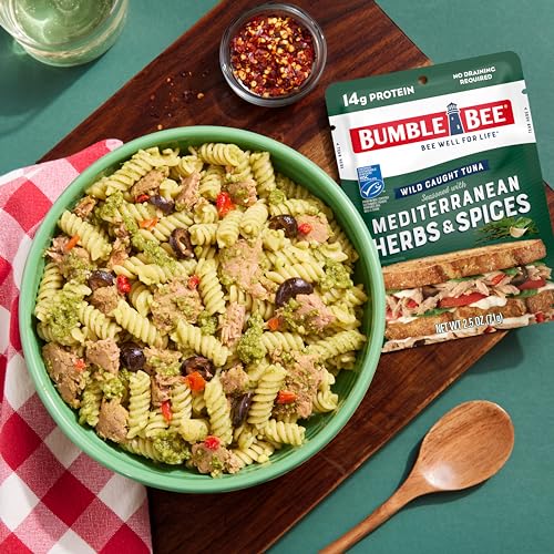 Image of Bumble Bee Mediterranean Herbs & Spices Seasoned Tuna, 2.5 oz Pouches (Pack of 12) - Ready to Eat - Wild Caught Tuna Packet - 14g Protein per Serving - Gluten Free
