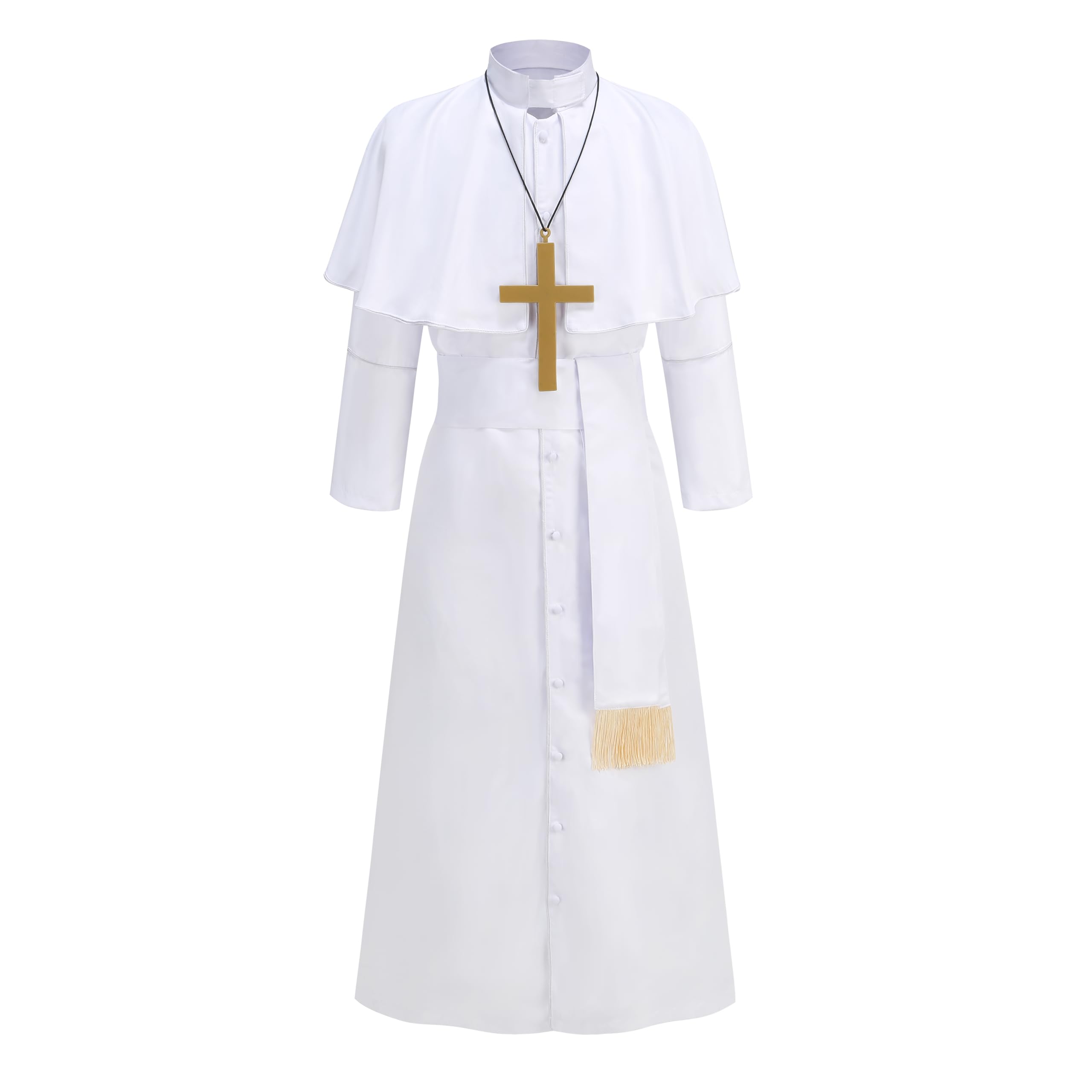 DELIVESS Men's Priest Costume Clergy Robe with Sash & Cross for Halloween Cosplay (White,XXL)