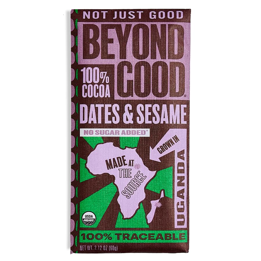 Beyond Good 100% Cocoa Dark Chocolate with Dates & Sesame | 6 Pack- Chocolate Bars | Organic, Direct Trade, Vegan, Kosher, Non-GMO | Single Origin Uganda Chocolate