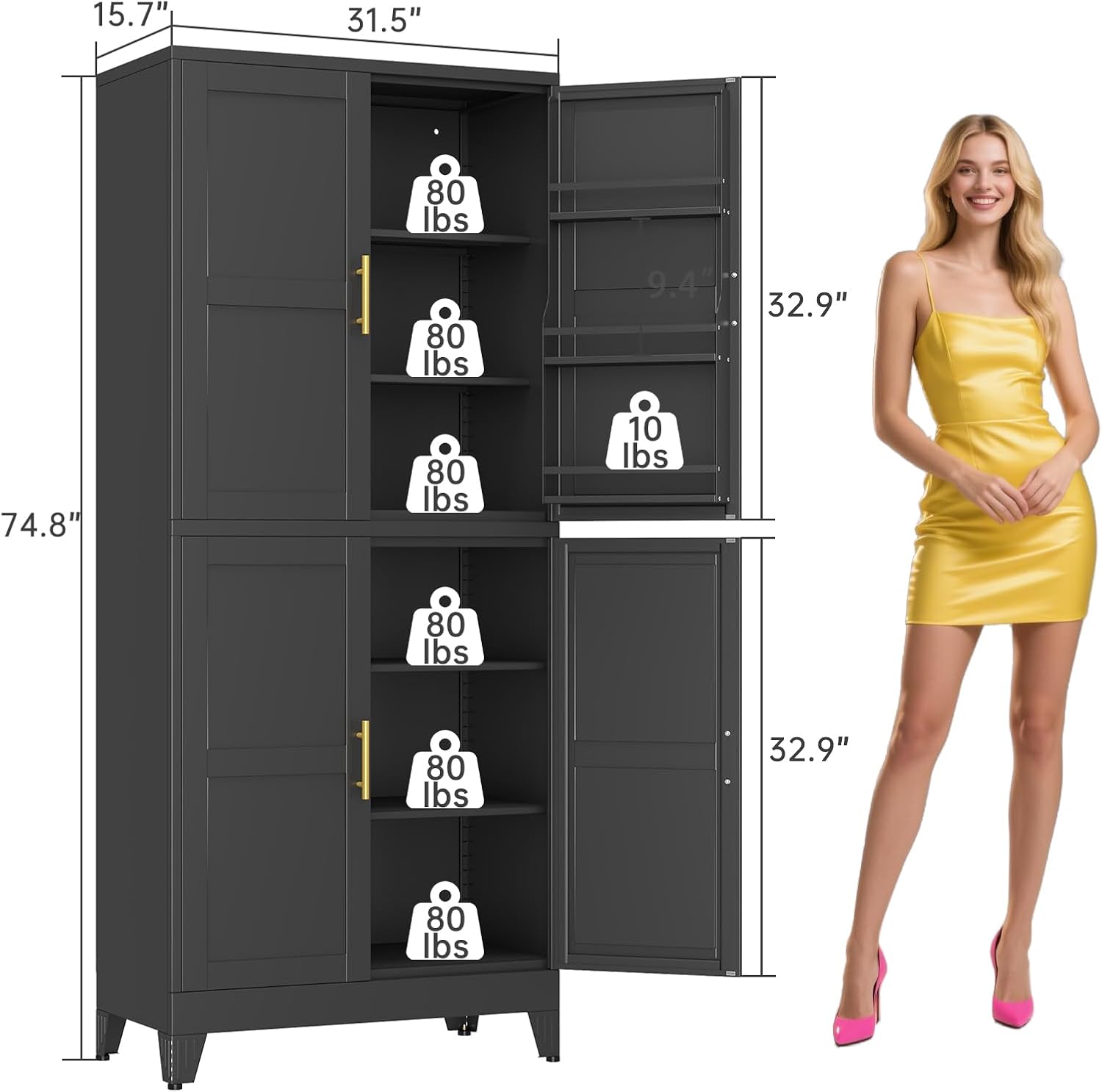75" H Tall Metal Kitchen Pantry Storage Cabinet, Freestanding Storage Cabinets with Magnetic Doors and Adjustable Shelves, Black Four-Door Metal Pantry Cabinet for Dining Room and Living Room