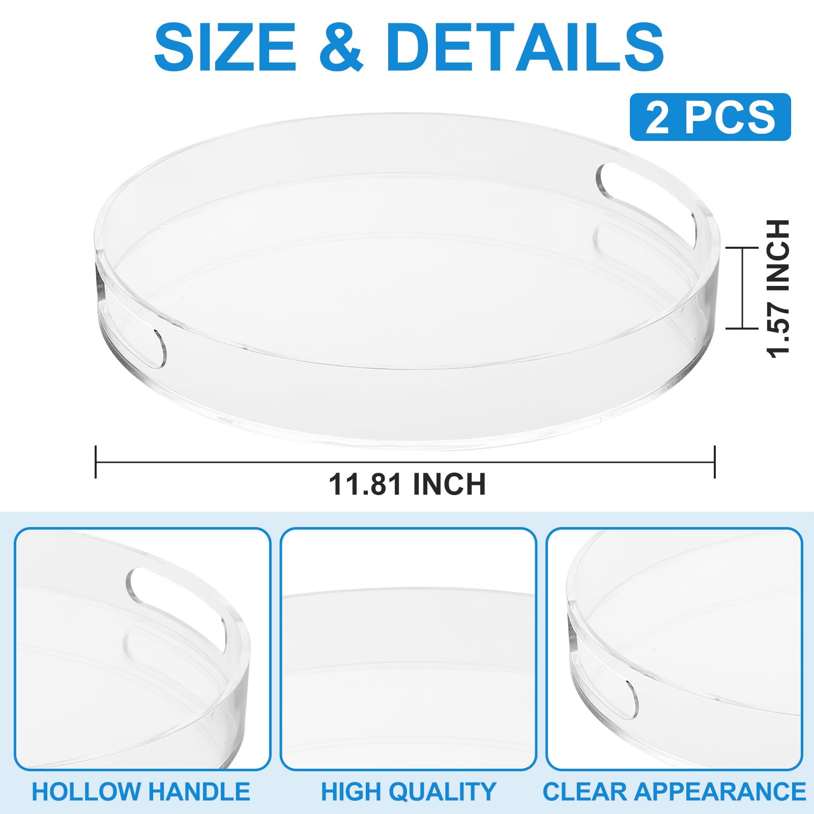 2 vassoi rotondi in acrilico con manici, resistenti, trasparenti, rotondi, decorativi, per cucina, bagno, tavolino, caffè, cibo, tè, snack (30 cm)