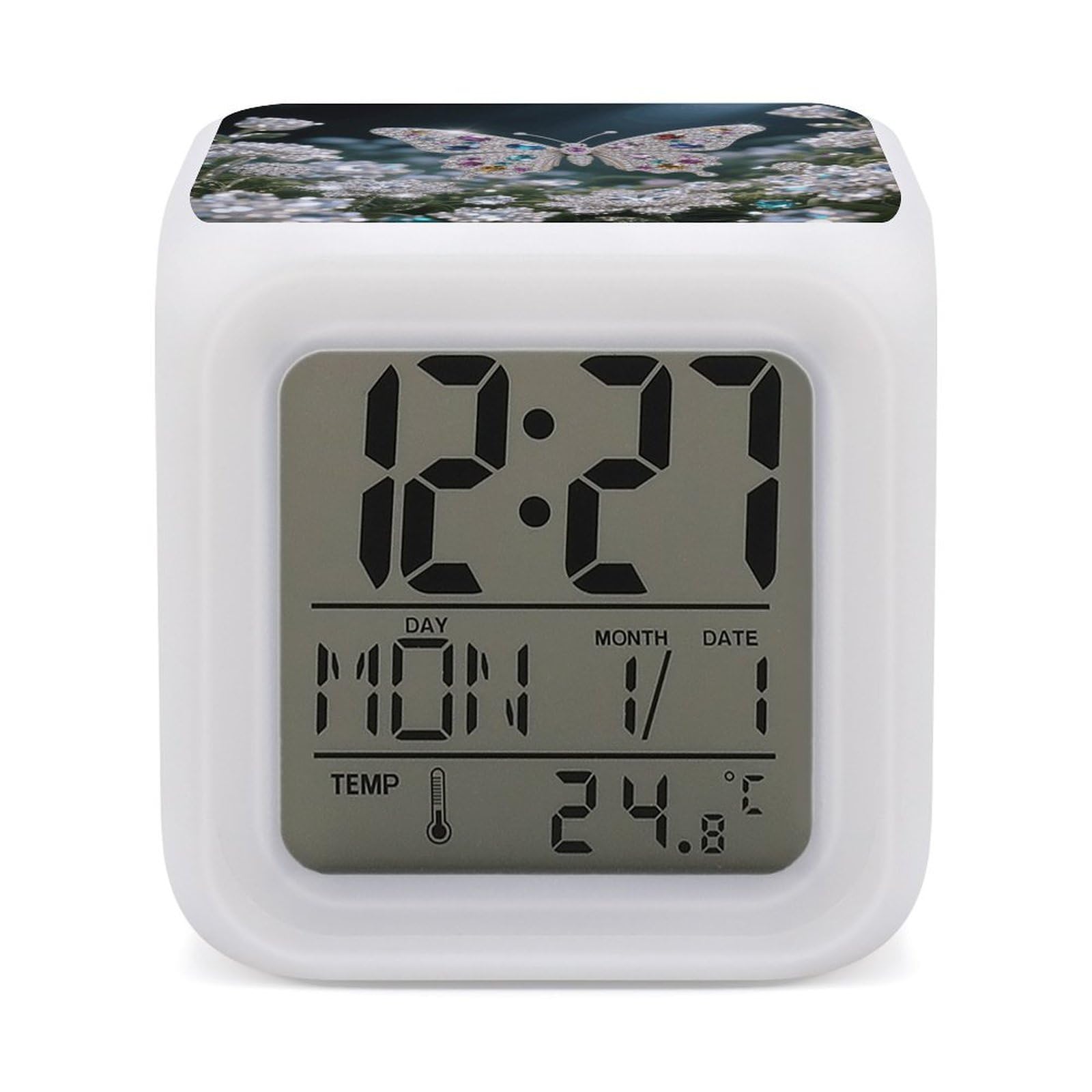 7 Color Ambient Night Light Cube Battery Operated Jewel Butterfly Digital Clock with Snooze Temperature LED Digital Alarm Clocks Dimmable Wake Up Light Portable Mood Lamp for Bedroom Desk Gift