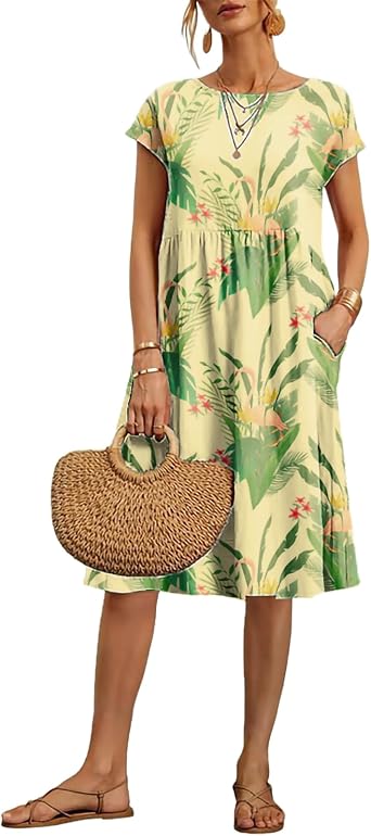 domirica Vintage Boho Summer Dresses for Women Floral Graphic Knee Length High Waist Cap Sleeve Beach Outfits with Pockets