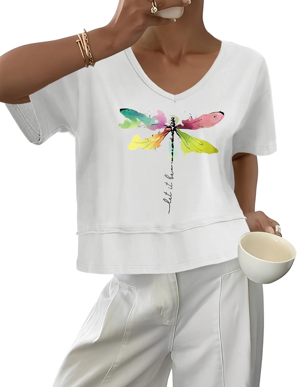 LOMON Womens V Neck Cotton T Shirts Summer Casual Cute Short Sleeve Flowy Fashion Tops Loose Fit Basic Tees - Image 2