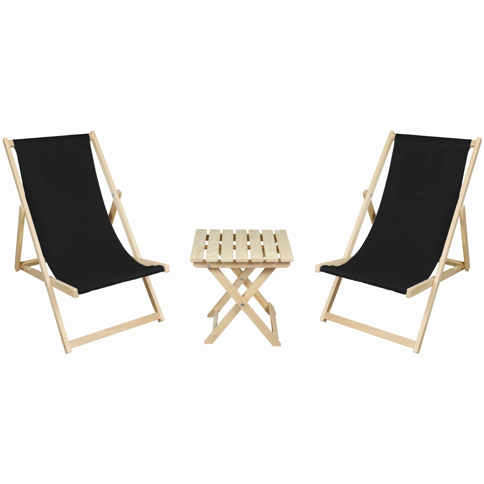 Merino Wool Set 2X Lounger + Table Traditional Line Liegestuhl Sonnenliege Klappbar, Gartenliege Rückenlehne verstellbar leicht klappbar Garten Balkon Strand Holzklappstühle Naturholz Lounger