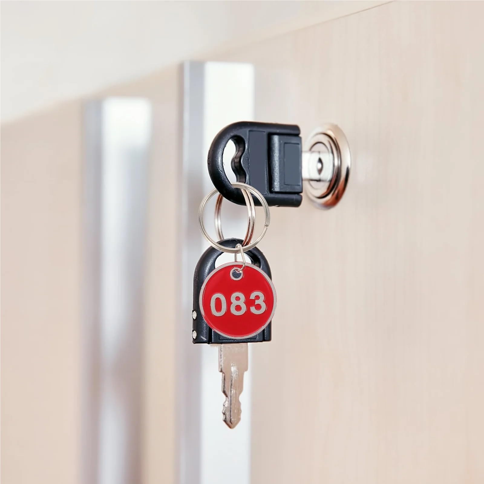 Nummerierte Schlüsselanhänger aus Stahl, 100 Stück mehrfarbige Metall-Nummernschilder mit den Zahlen 1–200 for die Organisation von Schlüsselanhängern, Schließfächern und Pools(Red,101-200)