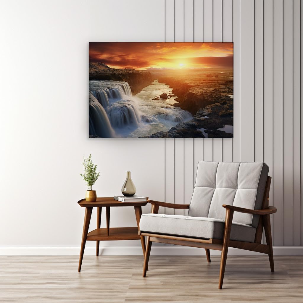 Canvas for Living room. Sunset Serenade: A Waterfall's Dual Dance Amidst Mist and Fire Skies, 27 x 18 inch Canvas Wall Art - Contemporary Masterpieces - Modern Home Decor - 69x46 cm (27x18 inch)