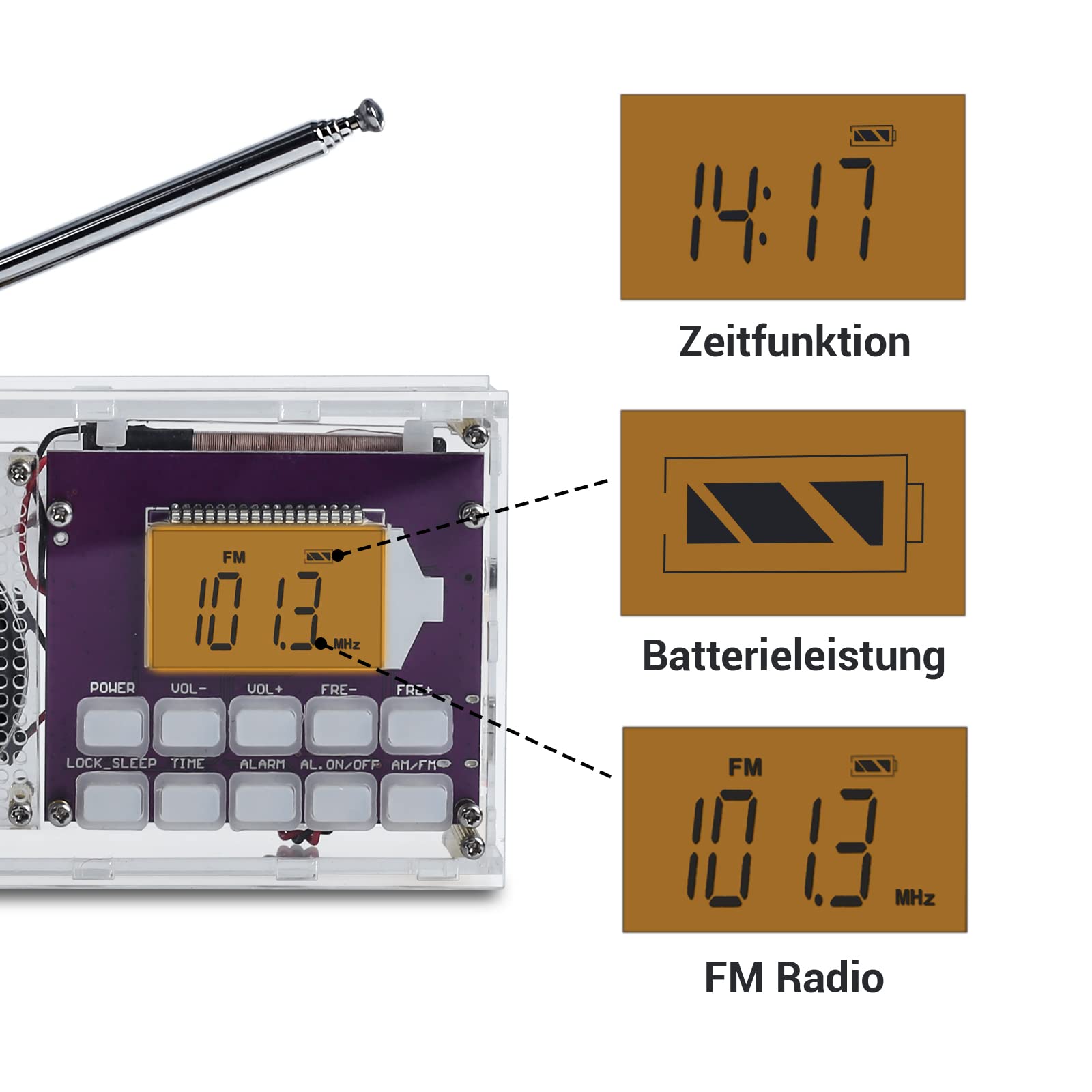 DONGKER Kit de construcción de radio FM inalámbrico con reloj y función de memoria – perfecto para proyectos de soldadura, electrónica DIY y estudiantes