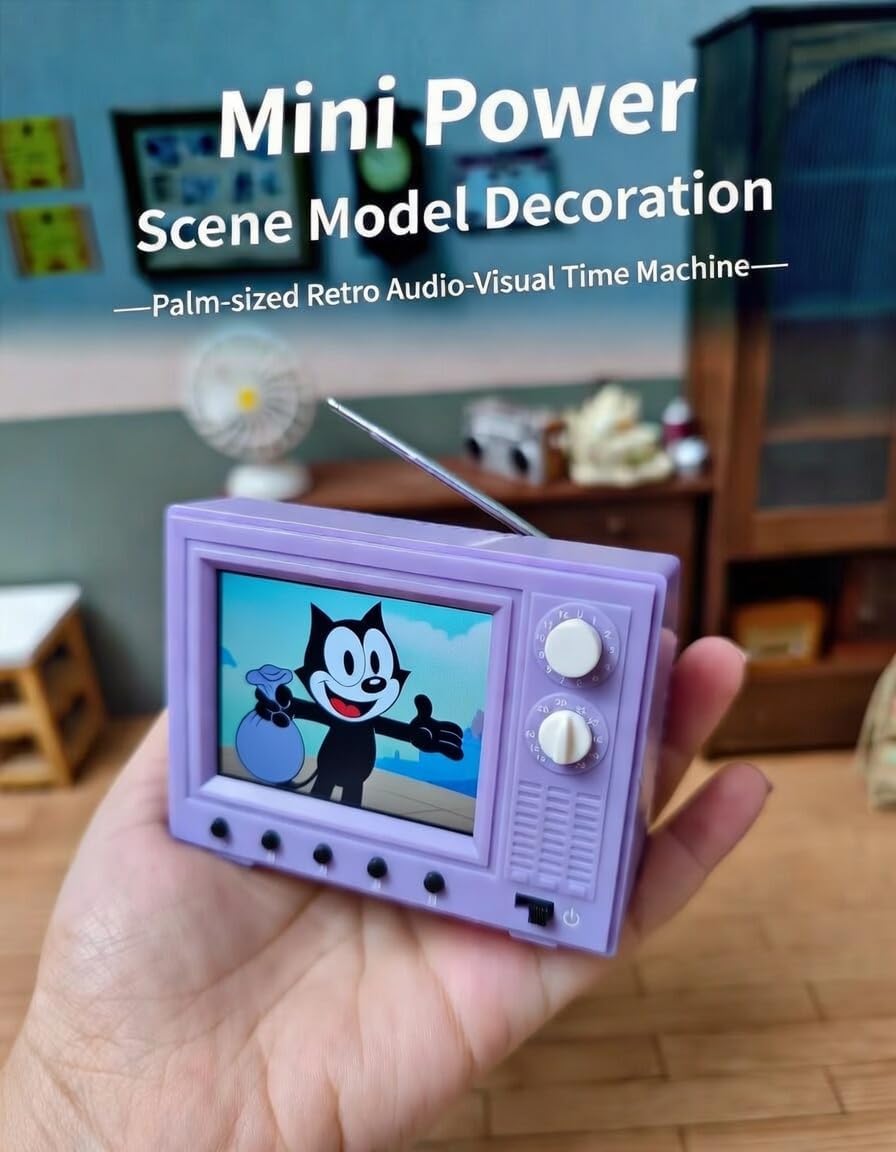 Mini Retro TV, 2.4 Inch HD 480p Pixel Pocket Tiny TV with 8GB Storage, Support USB Upload Video, 180 Minutes of Battery Lifeg 1:12 Scale Classics for Dollhouse Miniature Scenes Gift (Fantasy Purple)