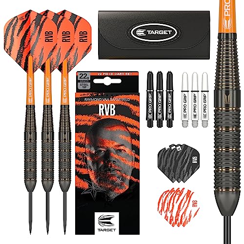Target Darts Raymond van Barneveld RVB 22g Brass Steel Tip Darts Set | Darts Accessories Gift Pack | Includes Dart Barrels, Pro Grip Darts Stems, Dart Flights, Dart Points, Darts Case