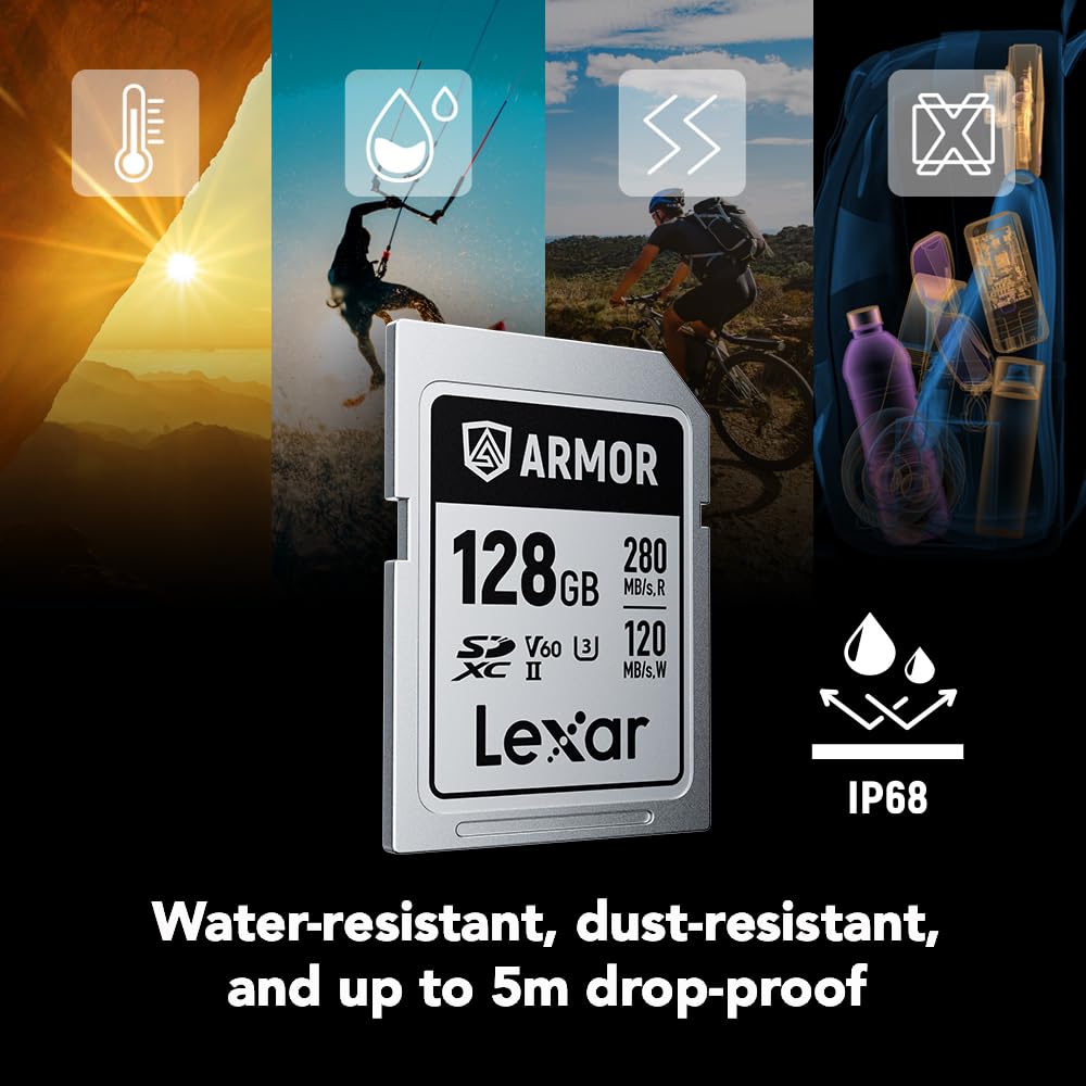 Lexar Tarjeta de Memoria Armor Silver Pro SDXC de 128 GB, UHS-II, C10, U3, V60, 6K UHD, hasta 280 MB/s de Lectura, Acero Inoxidable, para fotógrafos Profesionales, videógrafos, entusiastas