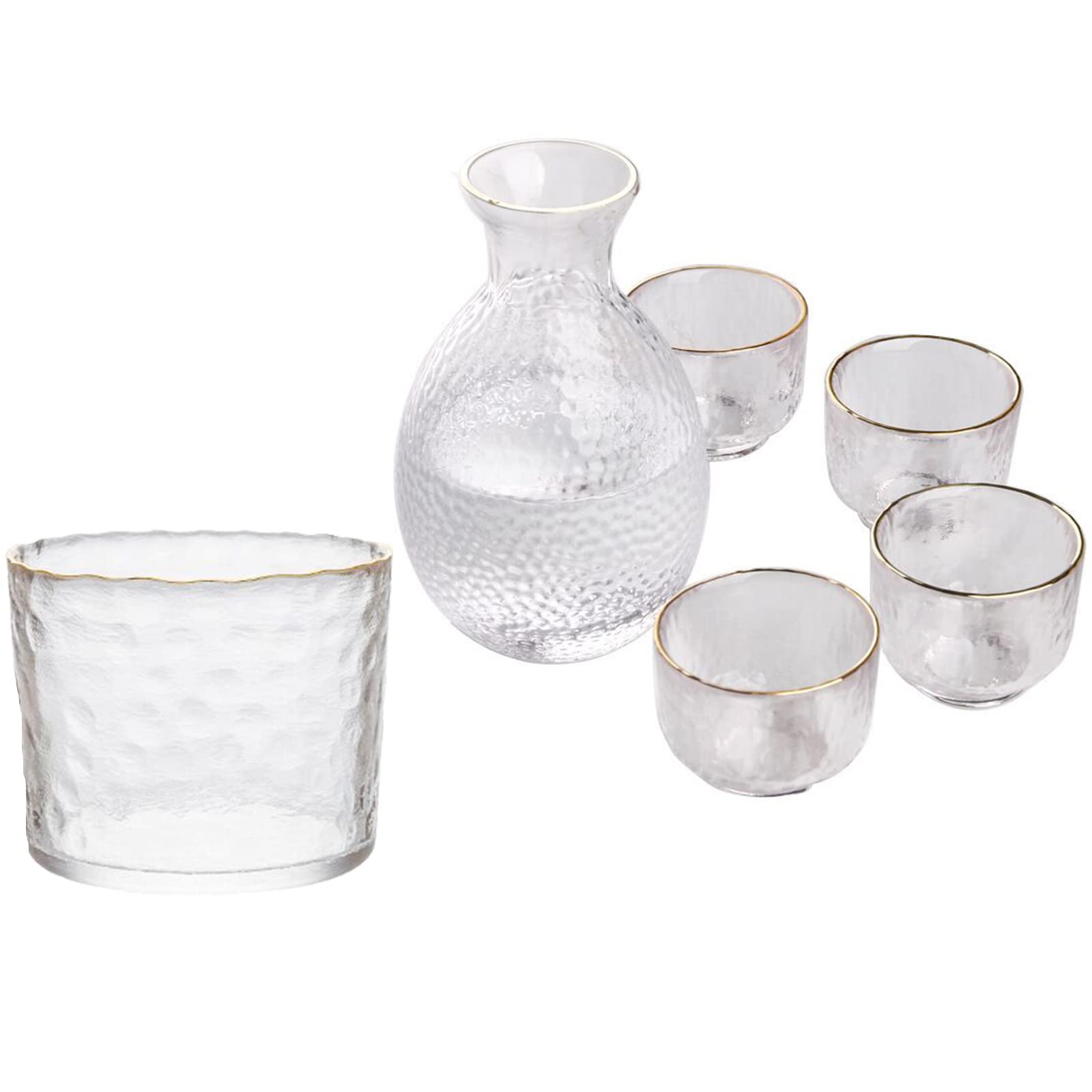 Glass Sake Set Tokkuri Carafe with Warming Bowl Gold Trim Heat Resistant