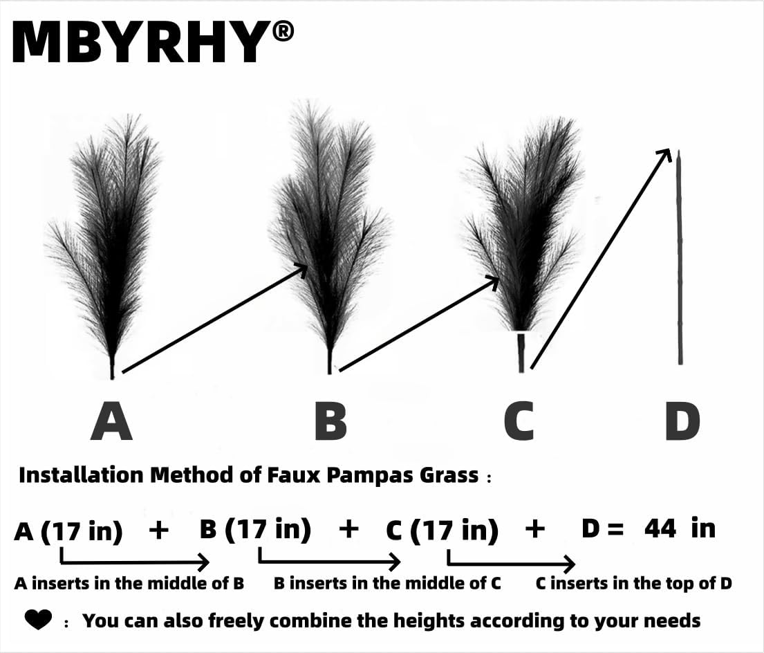 Pampas Grass Decor Tall 6 Pcs 44''/3.7ft Fluffy Large Pompas Grass for Floor Vase Fillers Wedding Living Room Boho Decor Table Centerpiece(Black White Gray)