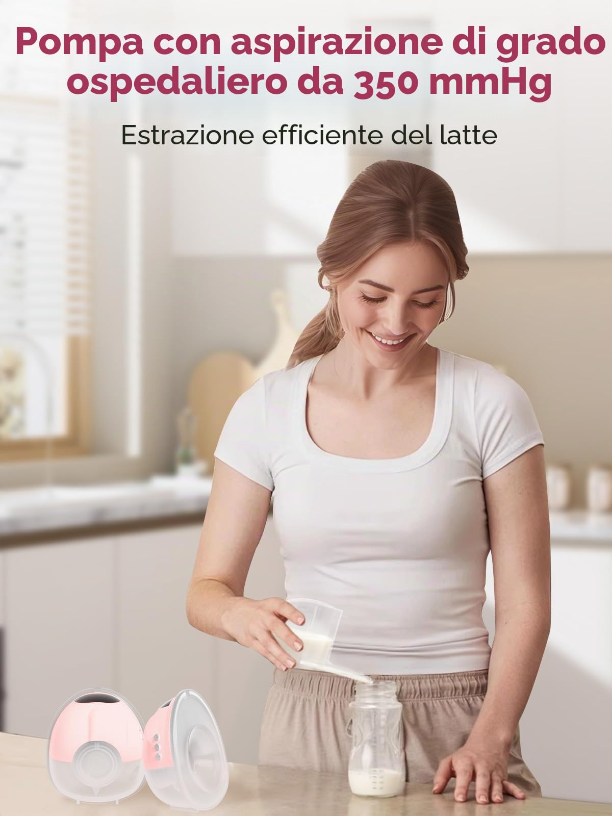 Lulia Tiralatte Elettrico Indossabile, 4 Modalità e 9 Livelli, 350mmHg Forte Aspirazione, Comfortabler, Senza Dolore, senza BPA, con Flange 17/19/21/24MM (1 Pezzi- Rosa)