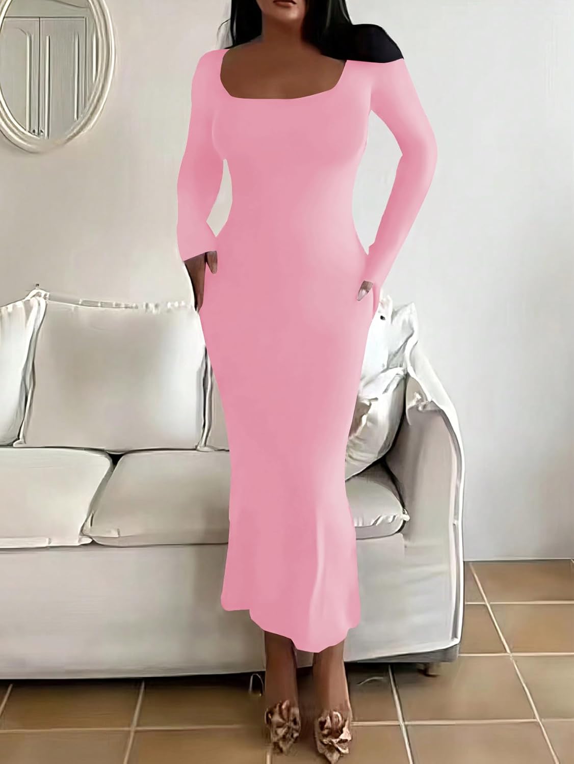 HBQ Women's Bodycon Maxi Dress Long Sleeve Square Neck Lounge Dresses Sexy Night Out Party Dress - Image 3