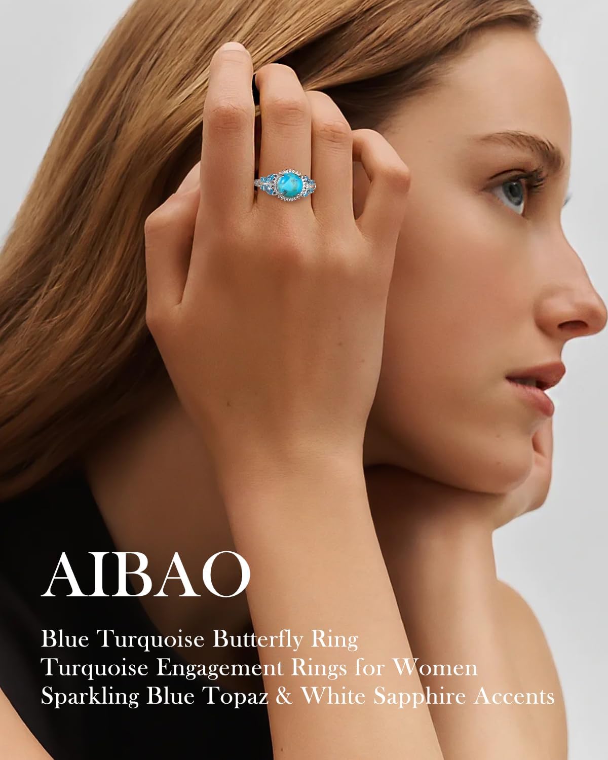 AIBAO Cushion/Marquise/Pear/Round/Oval Cut Turquoise Rings for Women Natural Gemstone and Butterfly Statement Rings 925 Sterling Silver Engagement Ring Western Jewelry Size 6 to 10