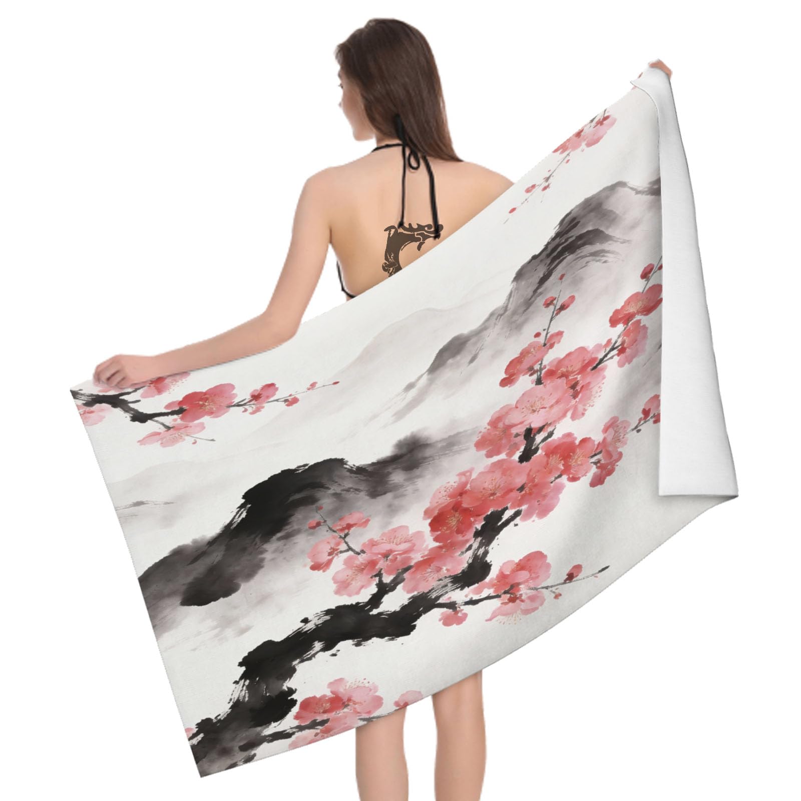 Leichong 3D Ink Plum Blossom Painting Beach Towel Large Microfiber Soft Quick Dry for Adults, Chinese Painting Bath Towel Lightweight Soft Absorbent for Travel Swimming Pool Sports, 80 x 160 cm
