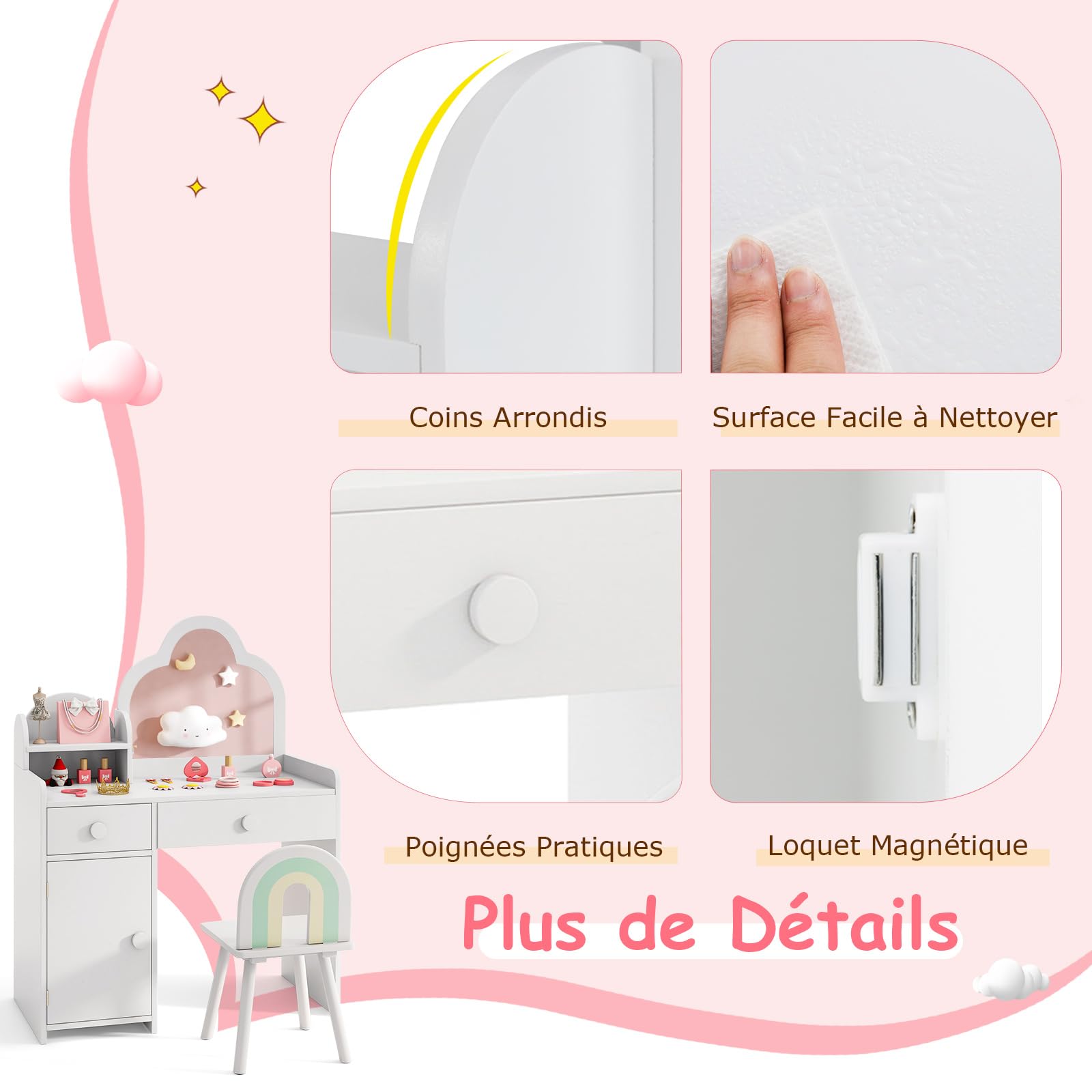 COSTWAY 2 en 1 Bureau Enfant Fille avec Chaise & Miroir en Forme Nuage, Coiffeuse Enfants Fille avec Étagère & Tiroirs & Armoire Fermée, Dispositif Anti-basculement, Charge 50kg pour 3-7 Ans