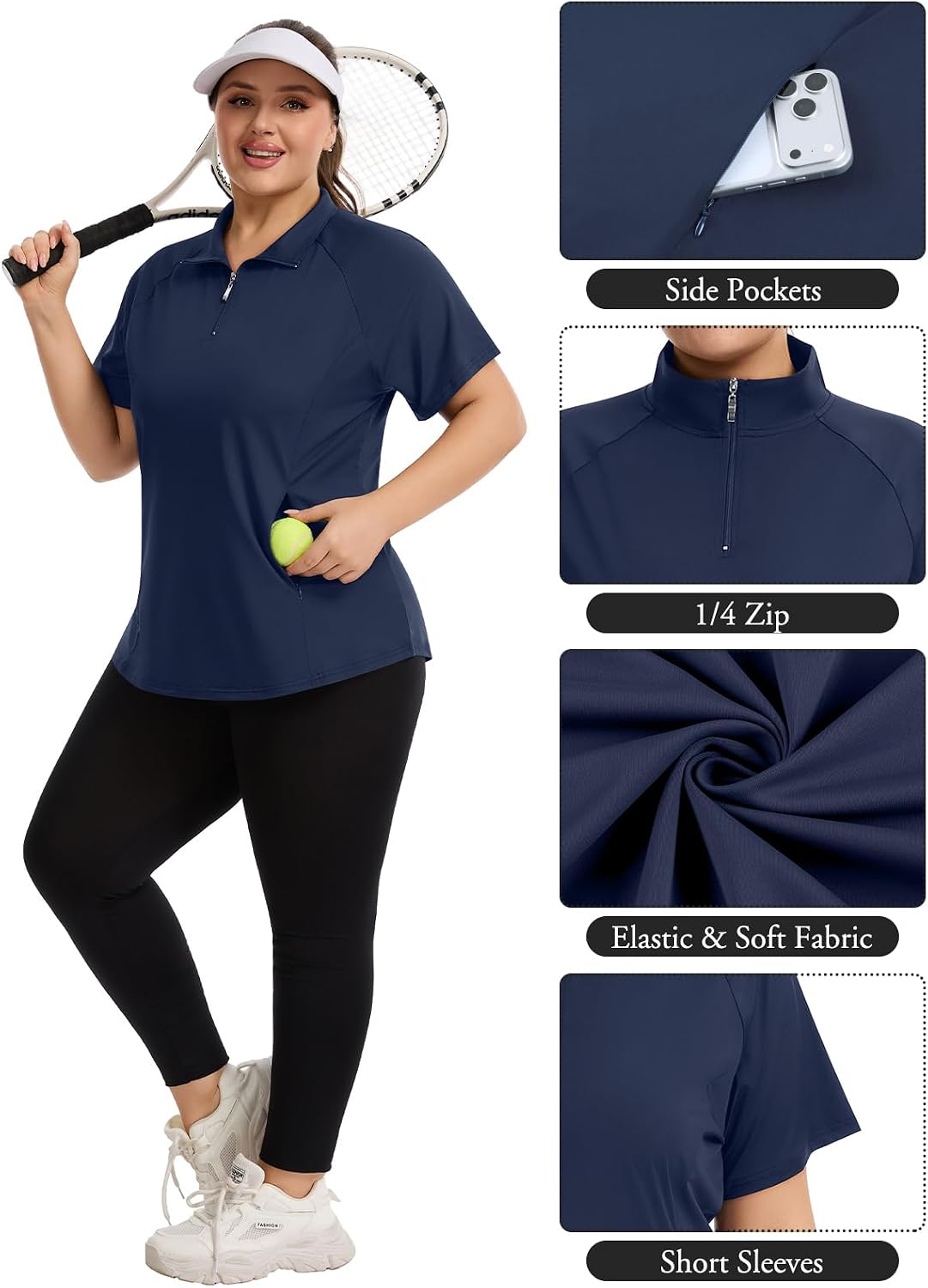 LURANEE Womens Plus Size Workout Golf Polo Shirt V Neck Sports Tops Pockets image 3