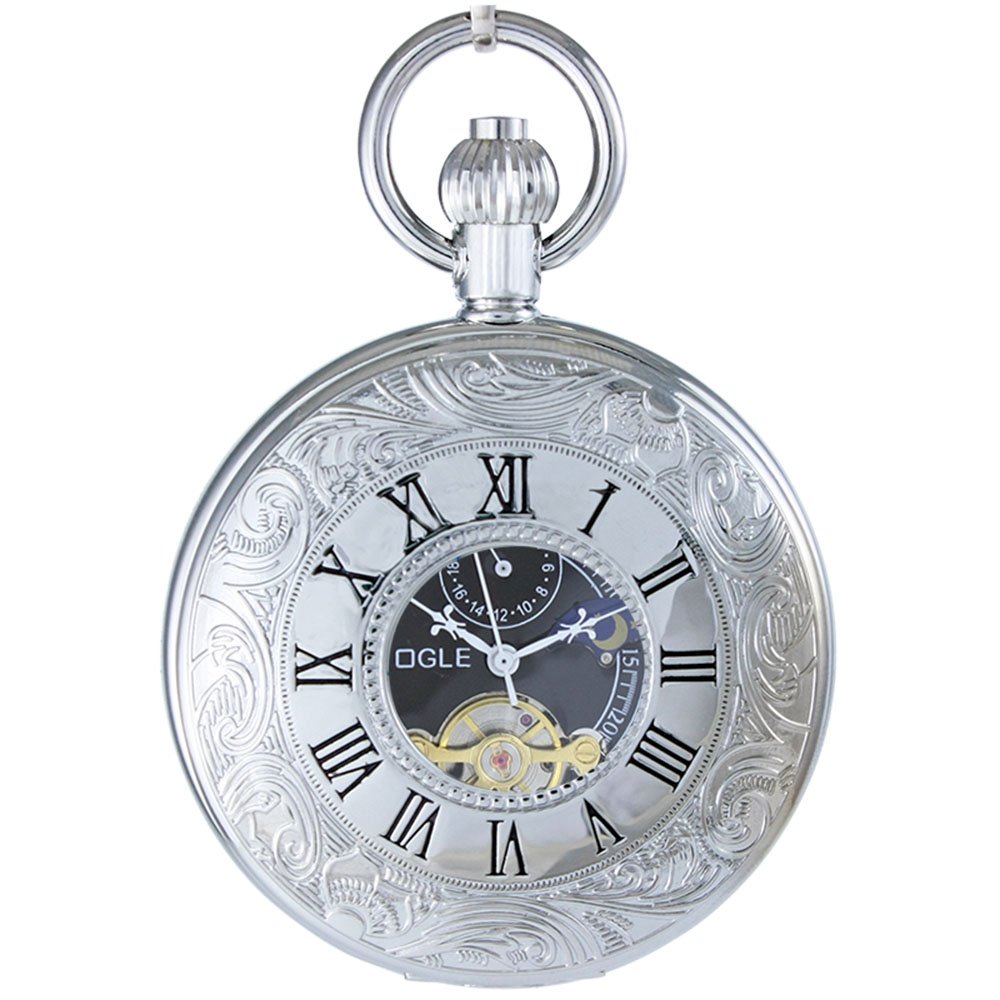 OGLE Waterproof Roman Tourbillon Phases Moon Chain Fob Skeleton Automatic Mechanical Pocket Watch (Silver CaseBlack Dial)