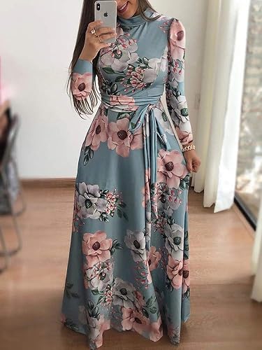 Miniatura 3 de Vestido largo casual con estampado floral para mujer, manga larga, cuello alto, ajustado, cintura alta, acampanado, con cinturón