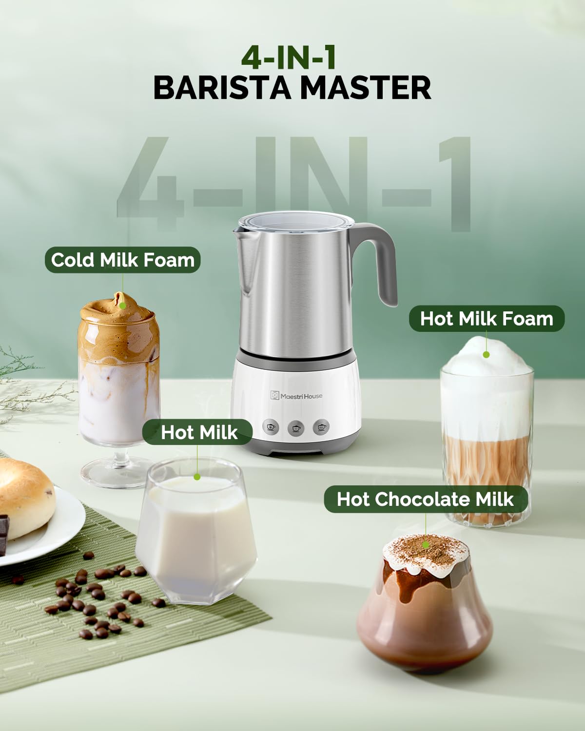 Espumador de leche, vaporizador de leche eléctrico 4 en 1, 16.9 onzas, 600 W, control táctil inteligente, máquina de espuma fría y caliente, función de memoria para latte, capuchinos, 5