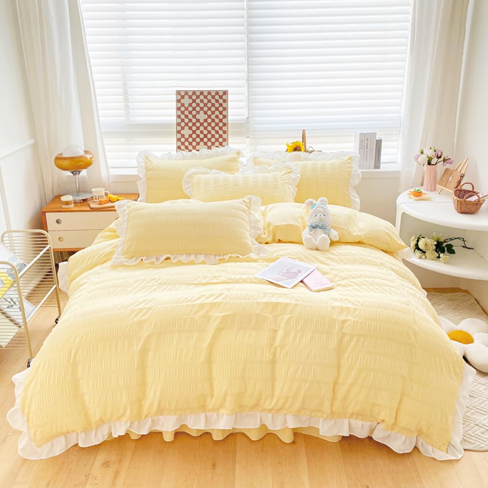 ZIQINPSQ Seersucker Duvet Cover Set Ruffle Duvet Cover Bedding Set,Romantic French Princess Style Ruffled Duvet Cover with Zipper Closure (Yellow, Single)