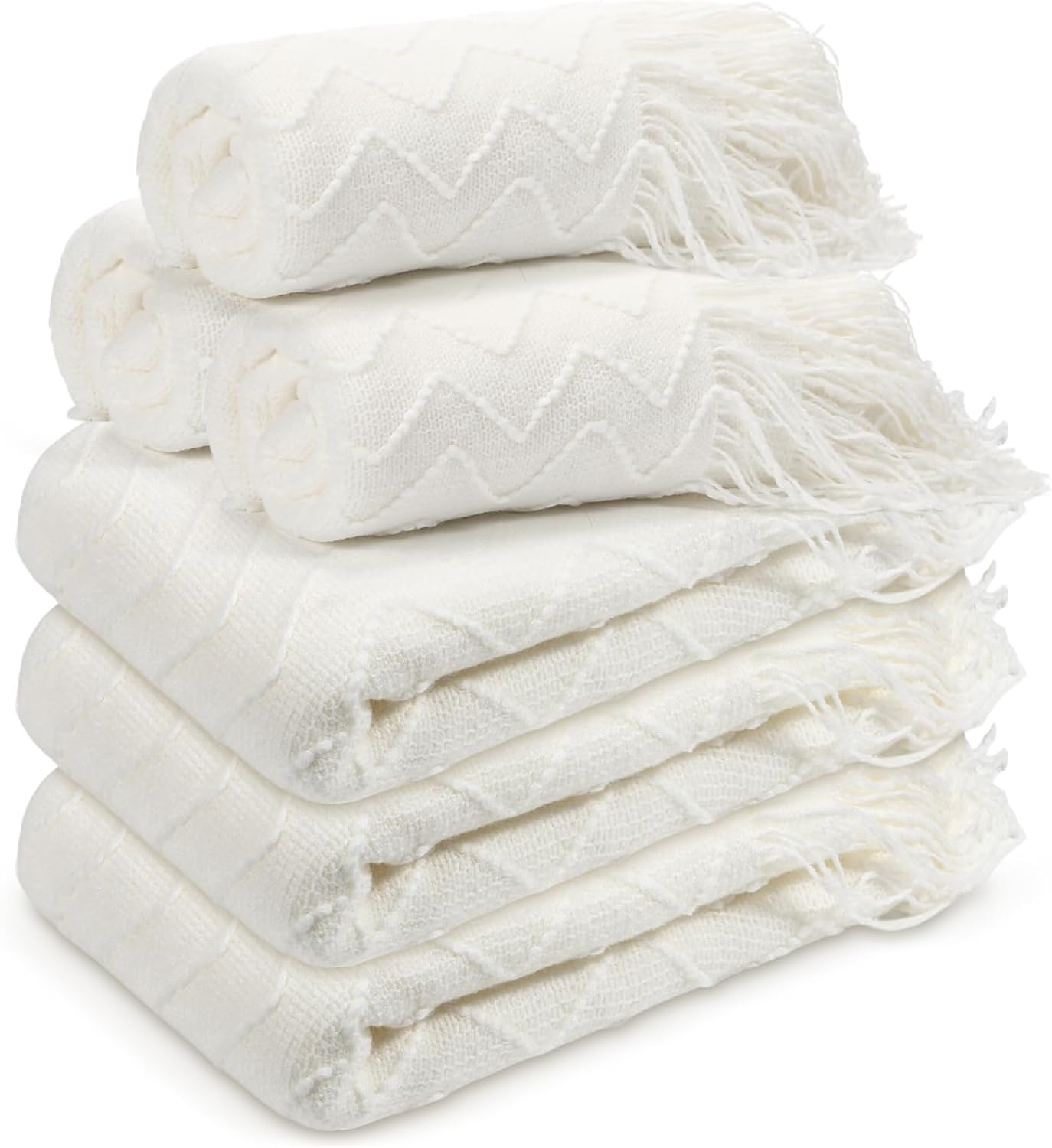 Buryeah 6 Pack Boho Knitted Throw Blankets with Tassels 50 x 60 Inch Soft Warm Rhombus Textured Blankets Bulk for Wedding Guests Christmas Birthday Employee Teacher Appreciation Gifts (White)