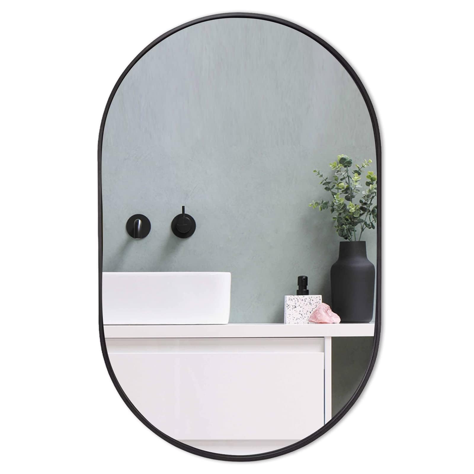 zenmag Espejo de baño para pared, 90 x 61 cm, espejos ovalados con marco de metal, montaje en pared grande para dormitorio, sala de estar, decoración de entrada, color negro