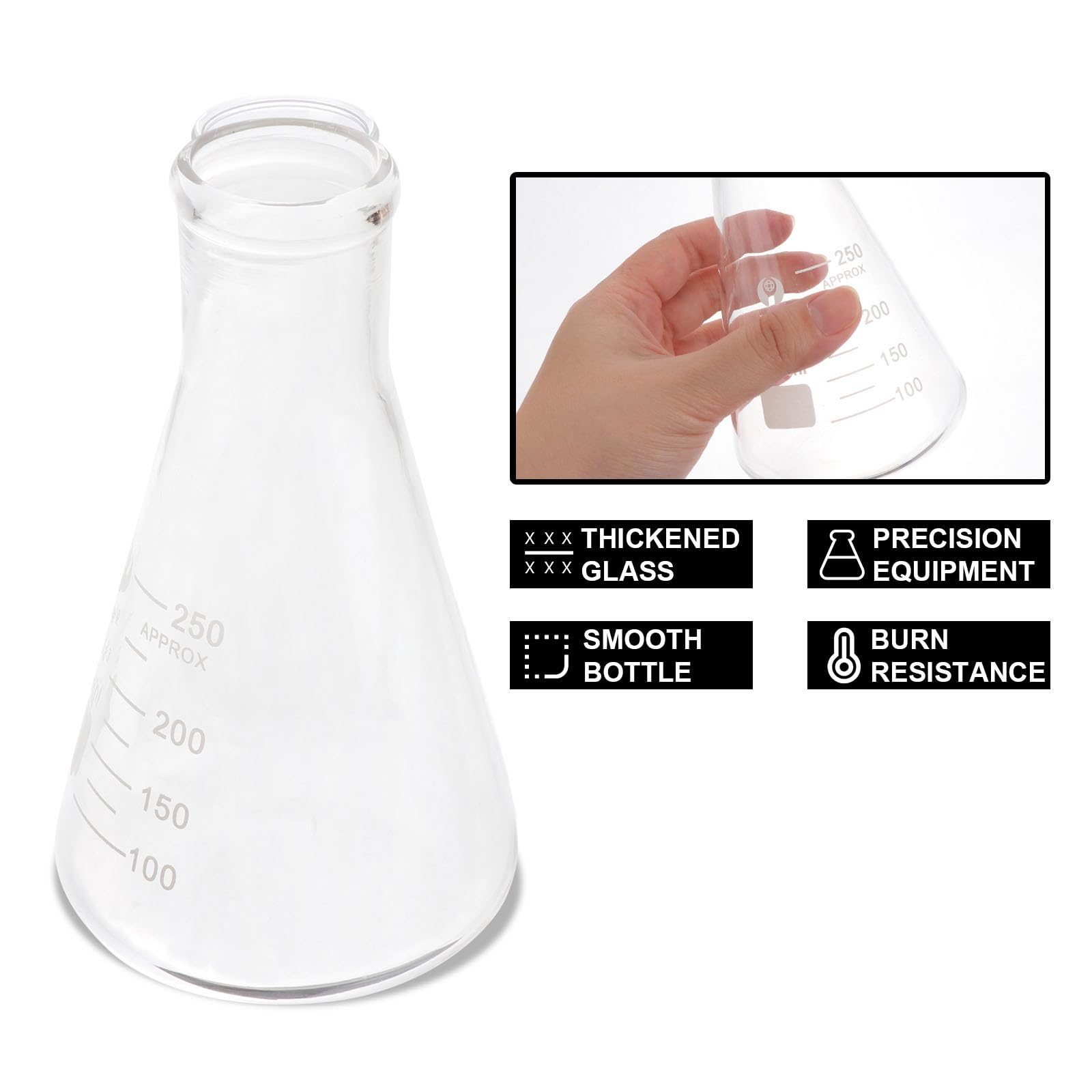 Mipcase Beuta Conica 250Ml in Vetro Borosilicato Addensato Scala Graduata, Fiaschetta per Laboratorio e Attività Scientifiche Scolastiche