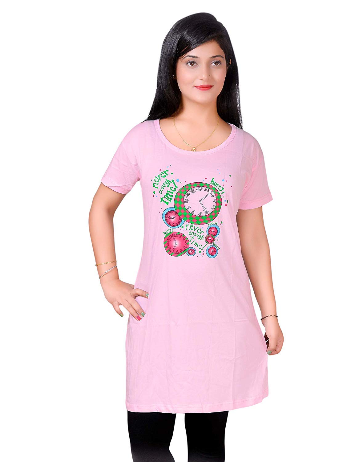 malvina Long Polo Top Nightwear for Women| Graphic Print Short Nighty| Nightwear Tshirt for Girls Pink-picture-17