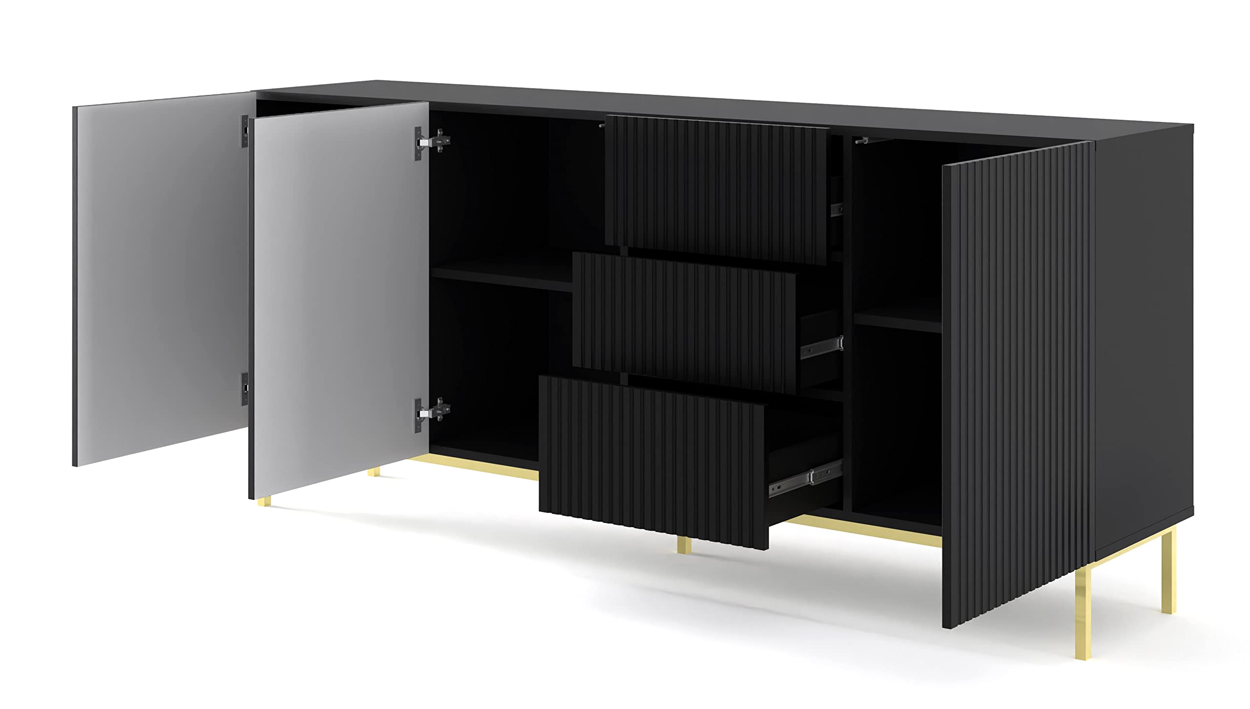 BIM Furniture Cajonera Ravenna B 3D3S de 200 cm con Frontal fresada MDF, aparador, Buffet sobre Patas de Metal Negro, 3 armarios
