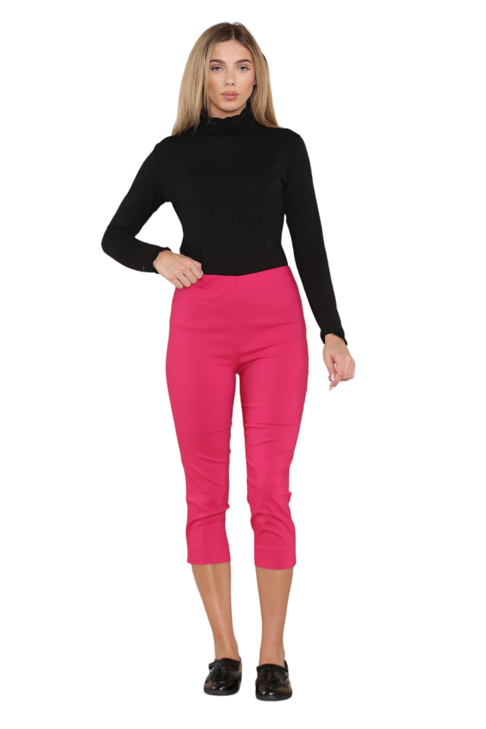Wearall Women's Cerise Cropped Trousers For Uk Capri Trouser Summer Pants Short Crop Stretch 3/4 Length Three Quarter Pedal Pusher Clothes Elasticated Bengaline Cut Off 22
