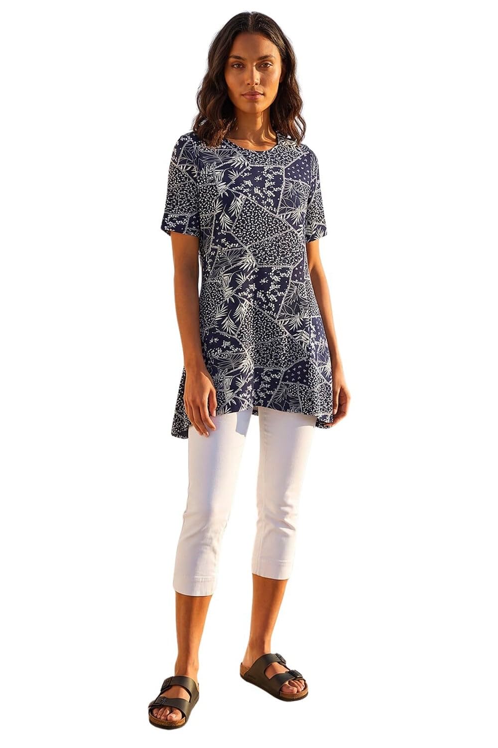 Roman Women's Navy Patchwork Mono Print Tunic Top In Size 12