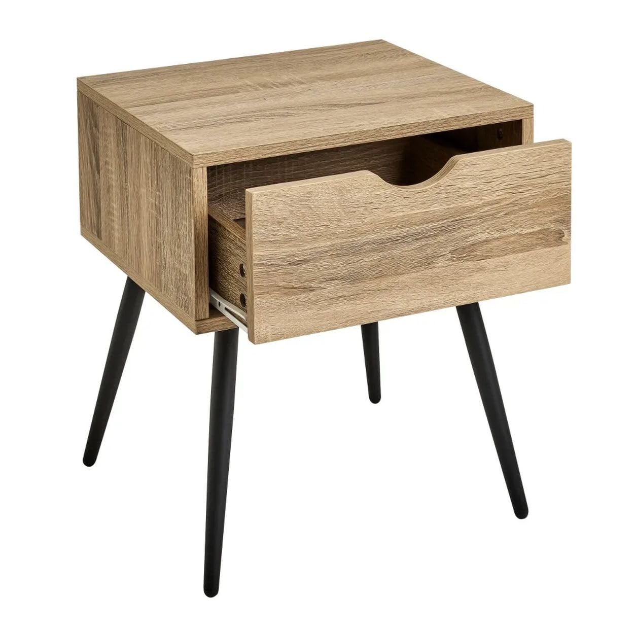 stolik nocny, stolik pomocniczy, 50 cm, komoda nocna z szufladą, naturalne drewno, beżowy, metalowe nogi, konsola nocna, do sypialni, nowoczesny design