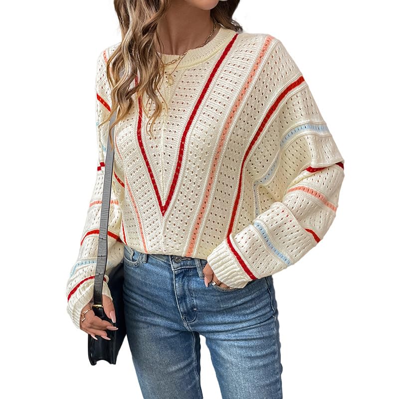 Womens Oversized Pullover Sweater with V-Neck Striped Lace-Up Details Long Sleeves Color-Blocked Design