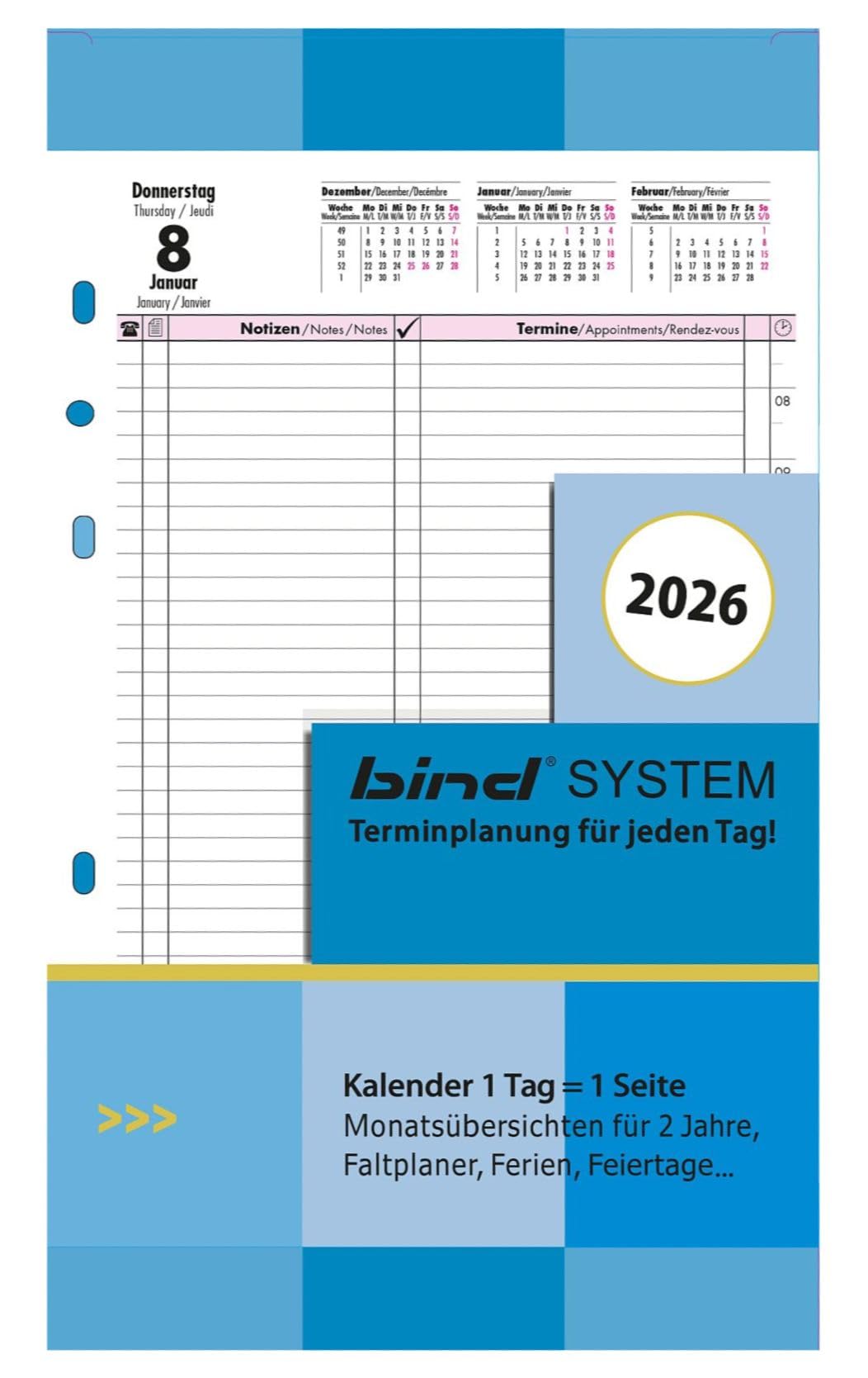 BIND B550326 Kalendereinlage für Tageskalender A5, Timer Einlage für Kalender Jahr 2026, 1 Tag / 1 Seite, Terminkalender mit System, Kalendarium für bind Systemplaner und Standard Timeplaner