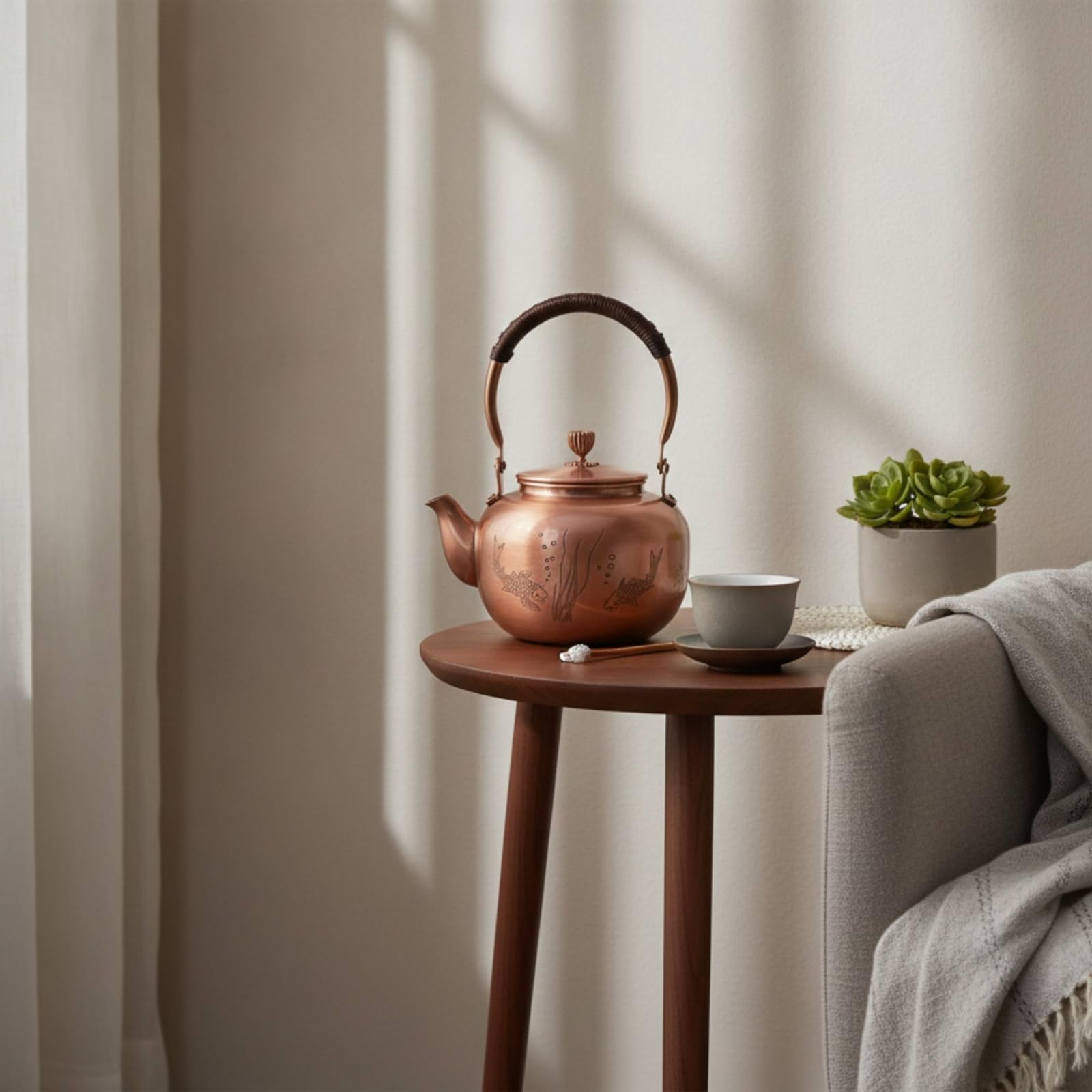 harayaa Bouilloire en Cuivre Pur avec Anse Tressée et Bec Verseur Théière Élégante pour Infusion Thé en Vrac sur Cuisinière Décoration Table, Smooth Sailing